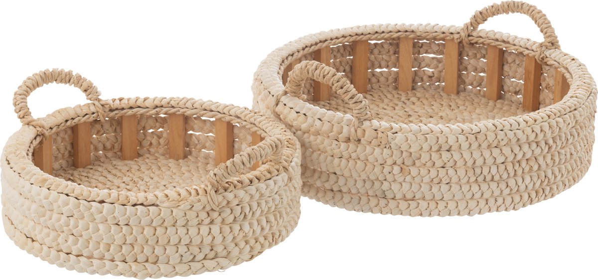 J-Line Set of 2 tray round corn husk/plywood natural