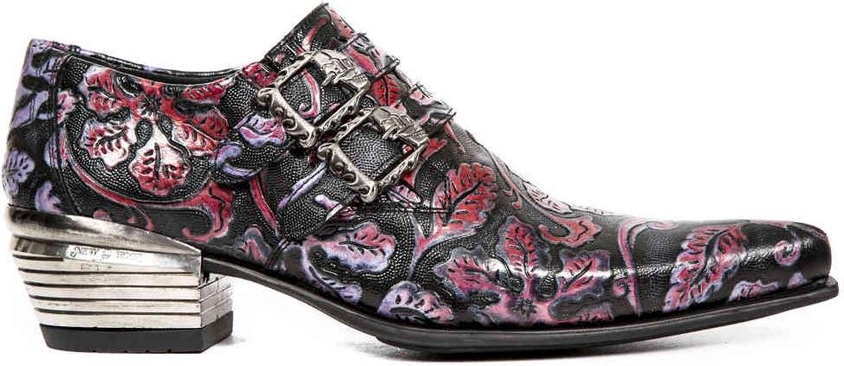 New Rock vintage blauwe leren schoenen met bloemengesp-7960-S7