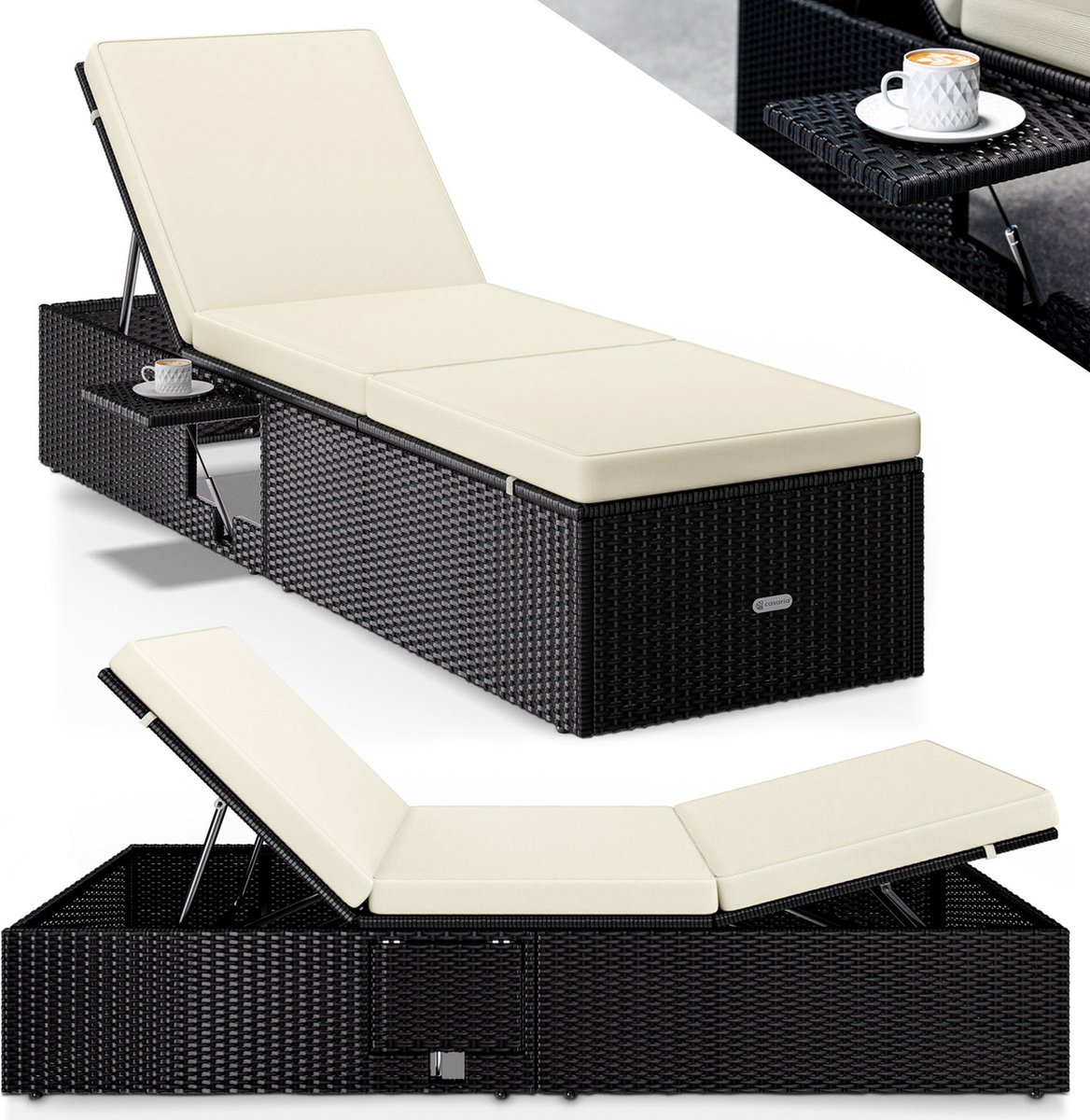 Polyrotan ligbed Zwart/Crème 200x58x33cm