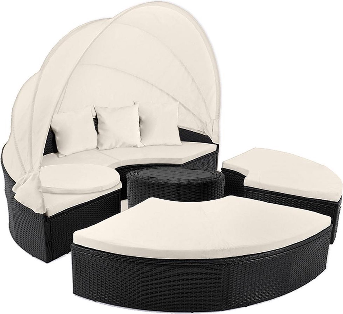 Polyrotan zonne-eiland Zwart/Crème Ø185cm incl Bijzettafel