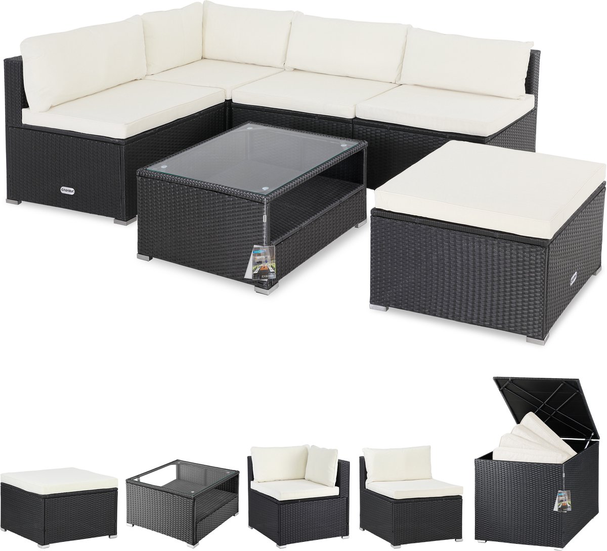 Polyrotan XL Lounge Zwart/Crème met Polyrotan kussenbox Zwart