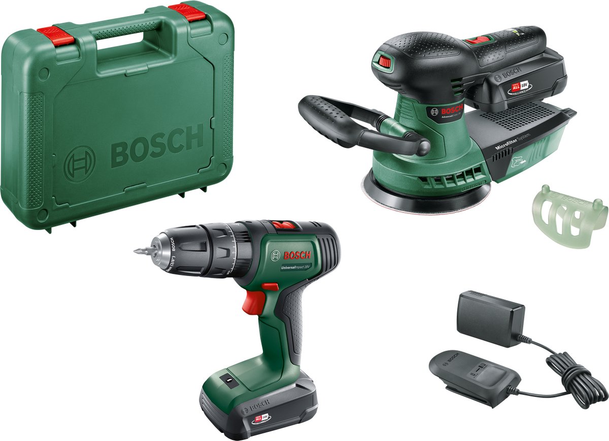 Bosch Groen Toolkit UniversalImpact 18 + AdvancedOrbit 18 | 2 x 2.0 Ah accu's + lader 06039D410A