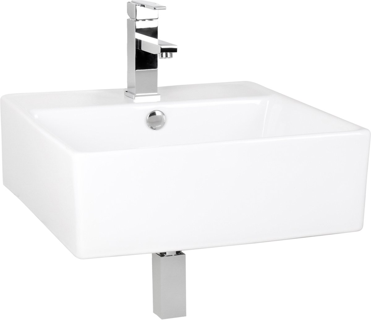 Differnz Dione Wastafelset - Wastafel Keramiek - Inclusief Mengkraan en Afvoerplug - Wit - 47.5 x 47.5 x 16 cm