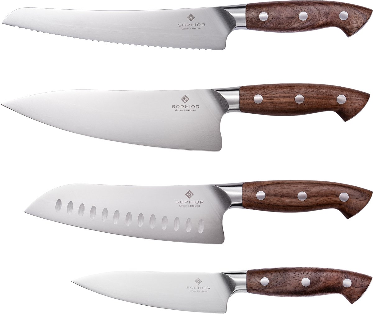 Sophior Messenset 4-delig – duits staal en walnoothouten handvat