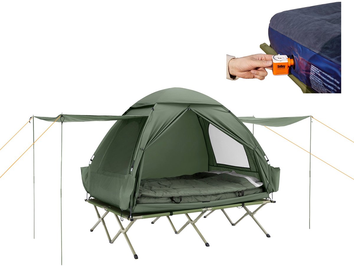 SoBuy 2-Persoonstent op verhoging met luchtmatras - Max. 300 kg - 193 x 145 x 188 cm - Groen