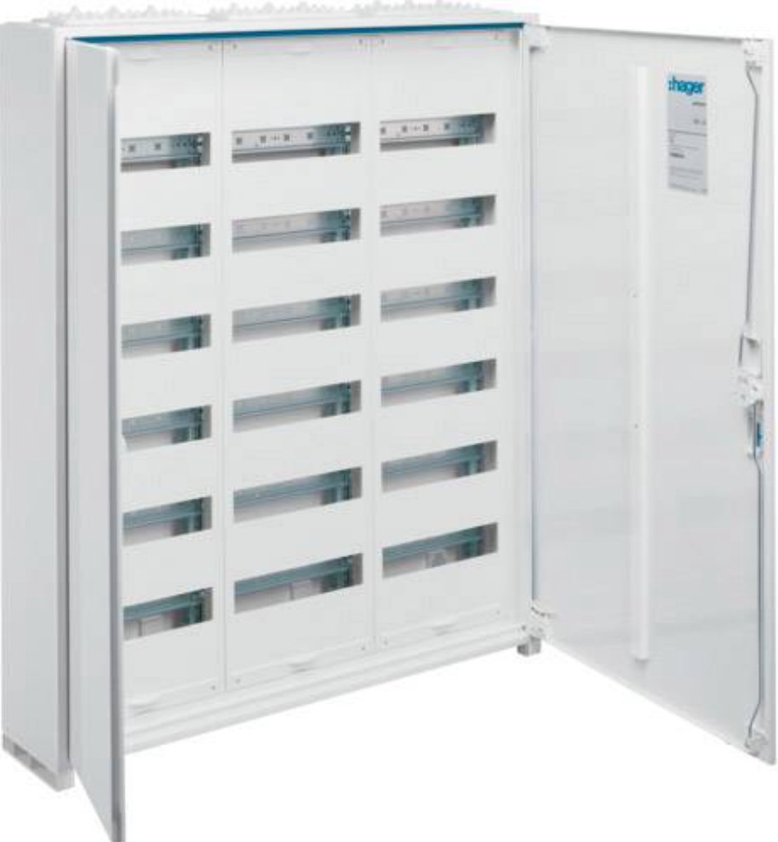 Hager FWB63S FWB63S Veldverdeler Opbouw (op muur), Inbouw (in muur), Deels verzonken Aantal groepen: 216 Aantal rijen: 18 Inhoud: 1 stuk(s)