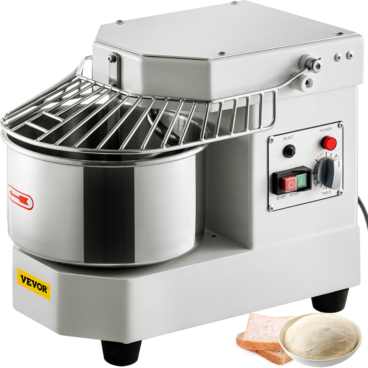 VEVOR Deegkneedmachine, 8 L roestvrijstalen deegmixer, 450 W, instelbaar (130/233/414 tpm), inclusief roestvrijstalen kom, veiligheidsschild, timer, ideaal voor bakkerijen, restaurants en pizzeria's