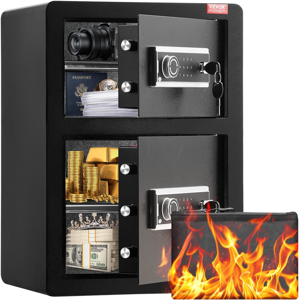VEVOR Safe met brandwerende geldzak, kluis met dubbele deur (3,5 kubieke voet), 2 in hoogte verstelbare scheidingswanden, digitale meubelkluis met sleutel, code, kluis voor geld, sieraden, waardevolle spullen, zwart