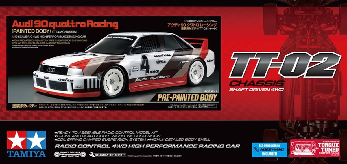 Tamiya 1:10 RC auto Elektro RC Audi 90 quattro Racing Lac.TT-02 Wit, Smoke 4WD TT-02 2,4 GHz Gelakt