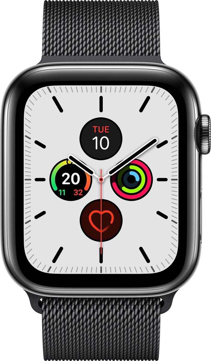 Apple Watch Series 5 (2019) | 44 mm | Roestvrij staal | GPS + Cellular | zwart | Milanees bandje zwart