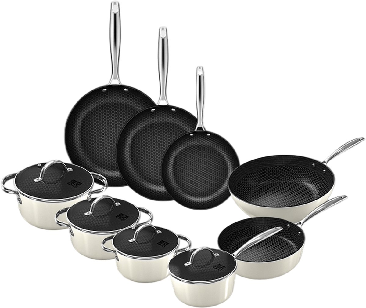 Cook&Pan - Go Ivory Honey Pannenset 9-delig - Inductie Pannen- Honinggraat 3-Ply PFAS-vrij - 7 jaar garantie - Crème