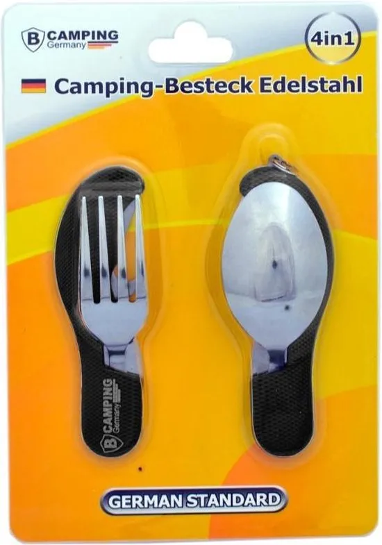 4-in-1 Inklapbaar Camping Bestek - Vork / Lepel / Mes / Flesopener - Roestvrij staal - Survival Bestek - Zwart