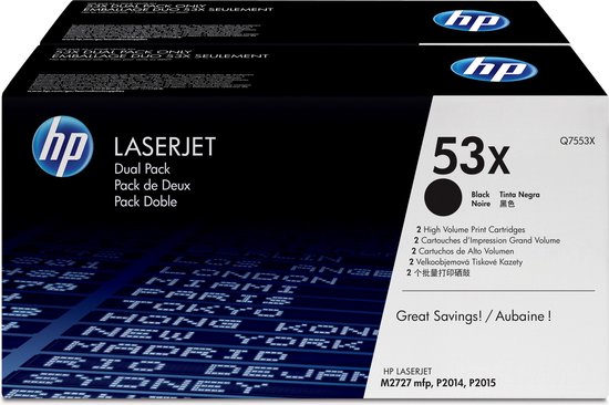 HP 53X zwarte LaserJet Toner Cartridges (Q7553XD) 2 stuks