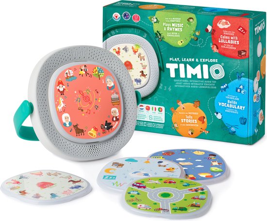 TIMIO Player + 5 Disks - Starter Kit | Interactieve Educatieve Audio-Speler | Leert Letters, Getallen, Kleuren, Dieren & Woordjes | Speelt Kinderliedjes, Verhaaltjes & Sprookjes | Met Geluid & Quizvragen | In 8 Talen | Leerspel van 2 - 6 Jaar
