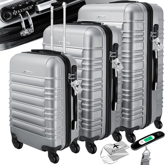KESSER® 3x Koffer, reiskofferset, trolleykoffer harde kofferset incl. bagageweegschaal + bagagelabel rollend kofferslot 4 wielen ABS harde schaal telescopisch handvat M-L-XL - Zilver