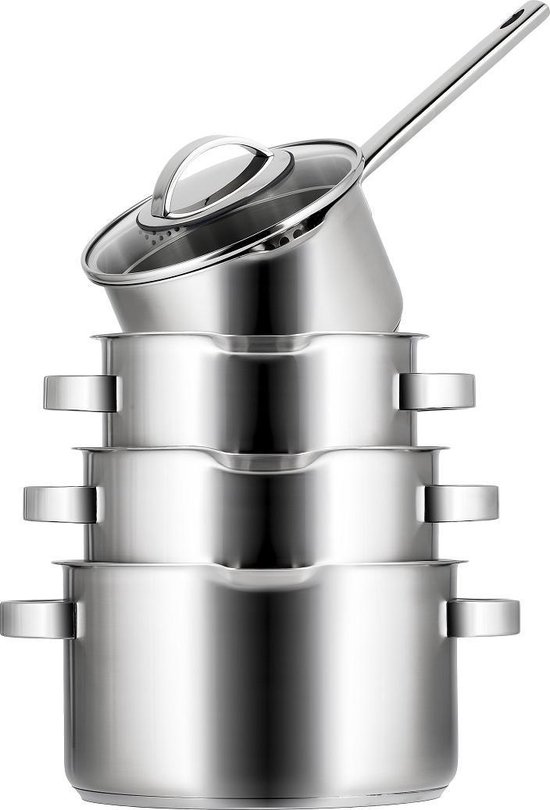 Sola Pearl Pannenset 4 Delig - Ø 16,16,18,20 cm - RVS Pannen met afgiet - Kookpannen Set - Geschikt voor Inductie, Elektrisch, Gas en Keramisch - Zilver