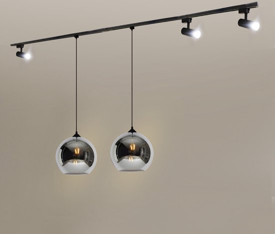Rilimo Railverlichting - Railsysteem Plafondverlichting - GU10 Spots Ronde Spots - Dimbaar Sfeervol Zwart 3 Spots en 2 Glazen bollen 3 Meter Links of Rechts