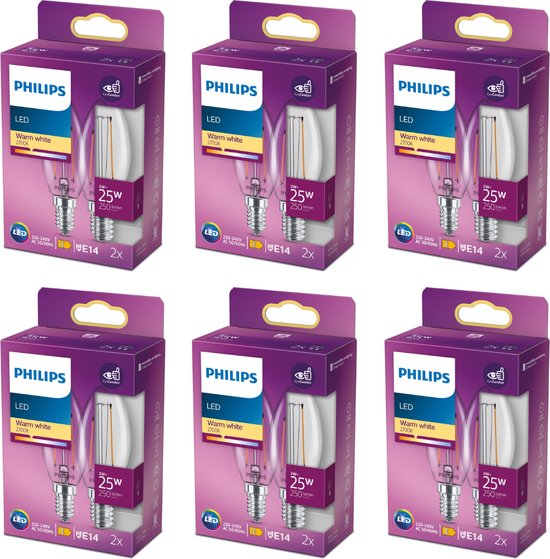 Philips energiezuinige LED Kaars Transparant - 25 W E14 - warmwit licht - 12 stuks - Bespaar op je energiekosten