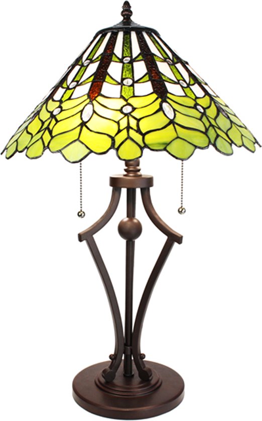LumiLamp Tiffany Tafellamp Ø 41x62 cm Groen Wit Glas Kunststof Rond Tiffany Bureaulamp