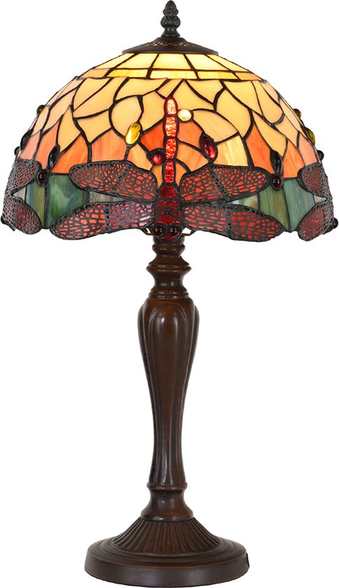 LumiLamp Tiffany Tafellamp Libelle Ø 30x53 cm Geel Glas Kunststof Tiffany Bureaulamp