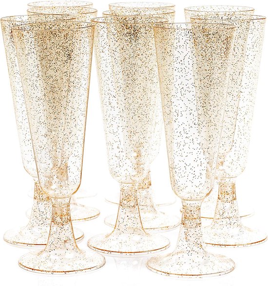 MATANA 50 stuks herbruikbare plastic champagneglazen 150 ml - met goud glitter