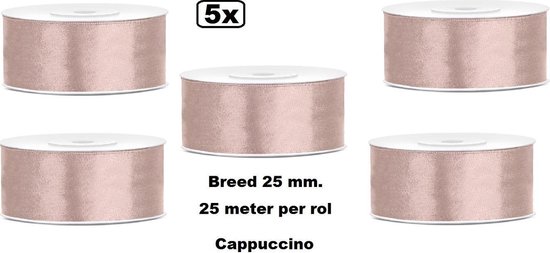 5x Rol Satin Ribbon lint 25mm cappuccino 25 meter