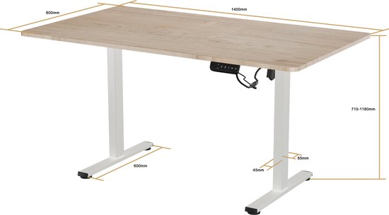 Vestland - Zit-Sta Bureau Elektrisch Verstelbaar - 140 x 80 CM - Geheugenfunctie - In Hoogte Verstelbaar - Eiken Wit