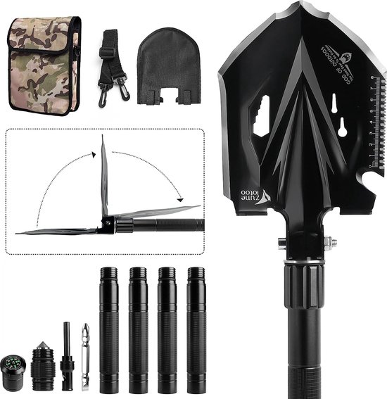 Tactische survivalschep, 18-in-1 kleine campingspade, inklapbaar van koolstofstaal, compacte inklapbare schop, outdoor, met 3 hoeken, verstelbaar, voor offroad, camping, survival, wandelen, tuin