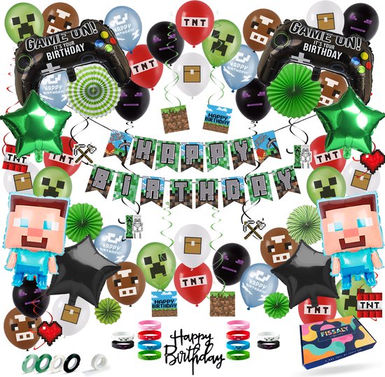 Fissaly® 81 Stuks Pixel Video Game Verjaardag Versiering – Thema Decoratie – Ballonnen, Slingers, Armbandjes & Accessoires
