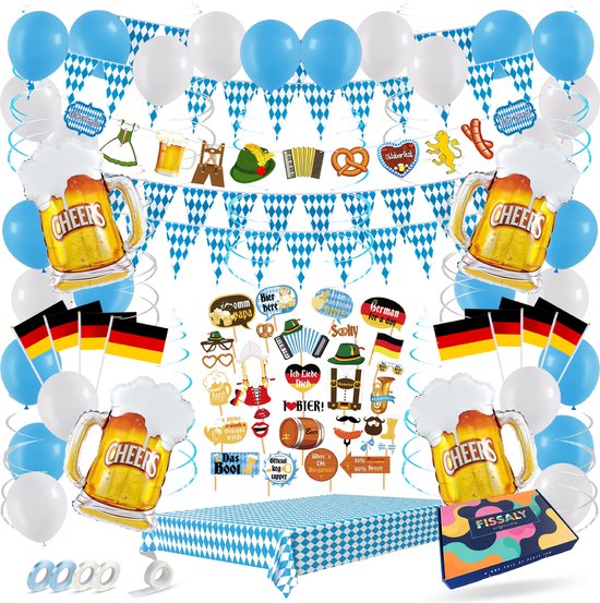 Fissaly® 95 Stuks Oktoberfest Versiering Set – Feest Decoratie – Oktoberfeest & Bierfeest Pakket Dames & Heren –Tafelkleed, Ballonnen, Vlaggenlijn & Accessoires