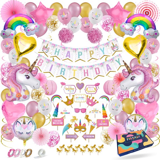 Fissaly® 134 Stuks Luxe Eenhoorn Verjaardag Decoratie Versiering met Ballonnen – Unicorn Set – Kinderfeest – Feest - Feestpakket