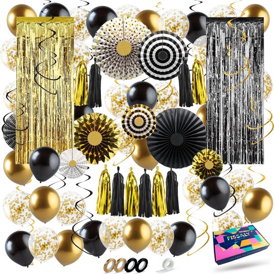 Fissaly® 68 stuks Zwart & Goud XL Decoratie Feestpakket Versiering - Gouden Ballonnen & Slingers – Verjaardag Feest, Sarah, Abraham, Bruiloft & Trouwen