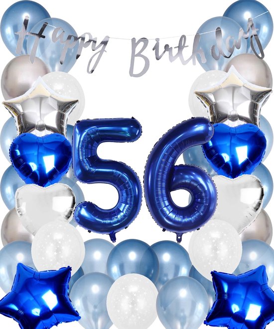 Snoes Ballonnen 56 Jaar Set Mega Blauw Zilver Ballon - Compleet Feestpakket Cijferballon 56 Jaar - Verjaardag Versiering Slinger Happy Birthday – Folieballon – Latex Ballonnen - Helium Ballonnen