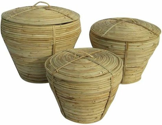 Basket spelset DKD Home Decor Met deksel Natuurlijk Rotan Tropisch (3 Onderdelen) (35 x 35 x 30 cm)