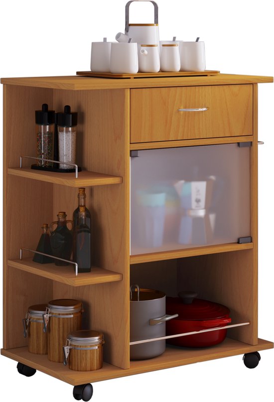 VCM Houten Keukenkarretje Serveerwagen Planken Rolbare Wielen Lade Pocis Houten Keukenkarretje Serveerwagen Planken Rolbare Wielen Lade Pocis