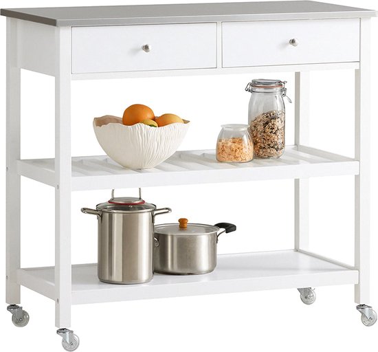 Simpletrade Serveerwagen - Keukentrolley Met 2 lades - Roestvrijstaal - MDF - Wit - 100x45x92 cm