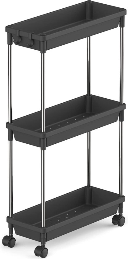 Smalle rolwagen opbergwagen met 3 treden, uittrekbare rekorganizer met wielen voor badkamer, keuken, wasruimte, slaapkamer, smalle opbergruimte, eenvoudige opbouw, zwart