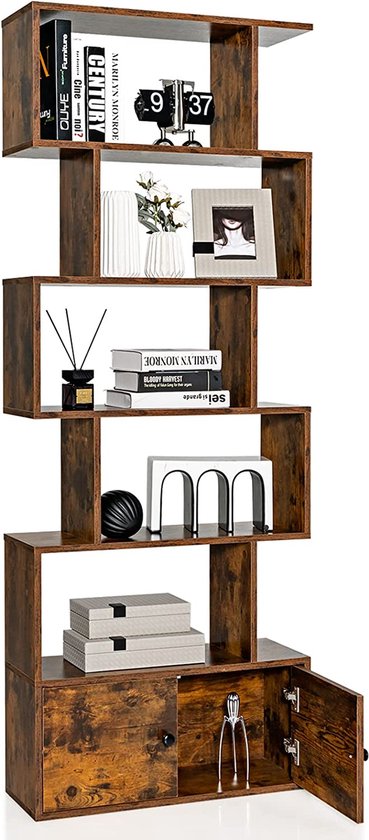 Boekenkast, staand rek met deuren, 183 x 70 x 23 cm, kantoorrek met 6 niveaus, opbergrek van hout, archiefkast incl. bevestigingsmateriaal, ruimteverdeler voor woonkamer, slaapkamer (bruin)