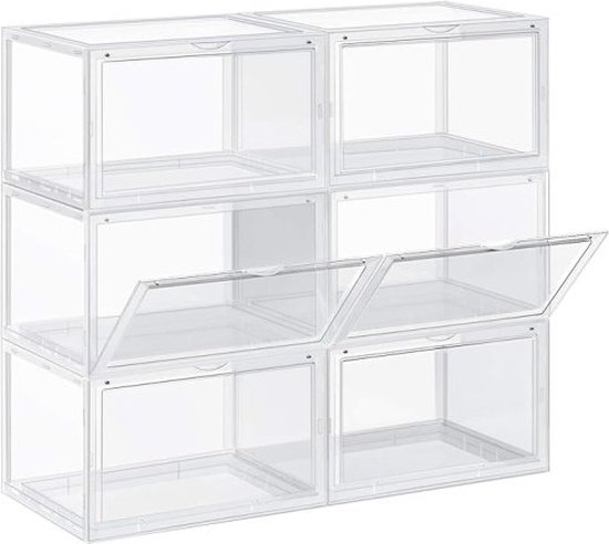Schoendozen, Set Van 6, Stapelbare Schoen Organizers, Plastic Dozen Met Transparante Deur, Schoenopslag, Voor Schoenen Tot Maat 46, 36 X 28 X 22 Cm, Transparant