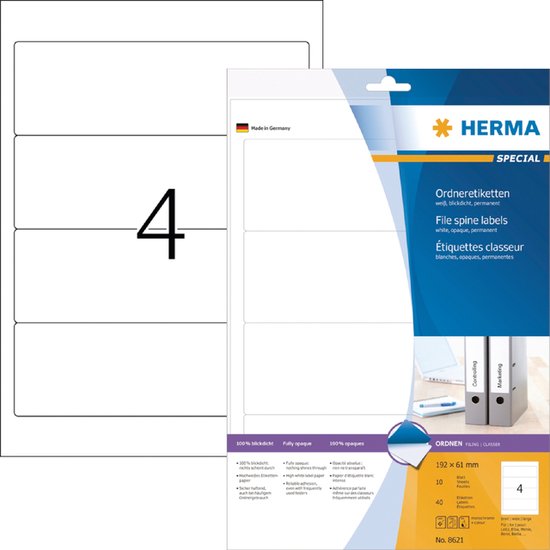 Rugetiket HERMA 8621 breed 61x192mm zelfklevend wit - 70 stuks