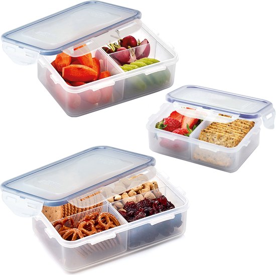 Lock&Lock Lunchbox - Snackdoosjes - Bento box - Snackbox - Met Compartimenten | Vakjes - Set van 3 stuks - BPA vrij - Lekvrij
