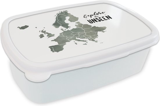 Broodtrommel Wit - Lunchbox - Brooddoos - Europa Kaart - Grijs - Quotes - 18x12x6 cm - Volwassenen