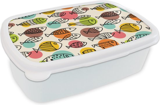 Broodtrommel Wit - Lunchbox - Brooddoos - Stippen - Vis - Regenboog - 18x12x6 cm - Volwassenen