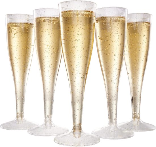 MATANA 120 Plastic Champagneglazen med Gouden en Zilveren Glitter voor Bruiloften, Verjaardagen, Kerst & Feesten, 133ml - Elegant, Stevig & Herbruikbaar
