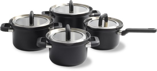 BK Flow Cool Black Glas kookpannenset - 4-delig - zwart - glazen deksel - veilig afgietsysteem - inductie