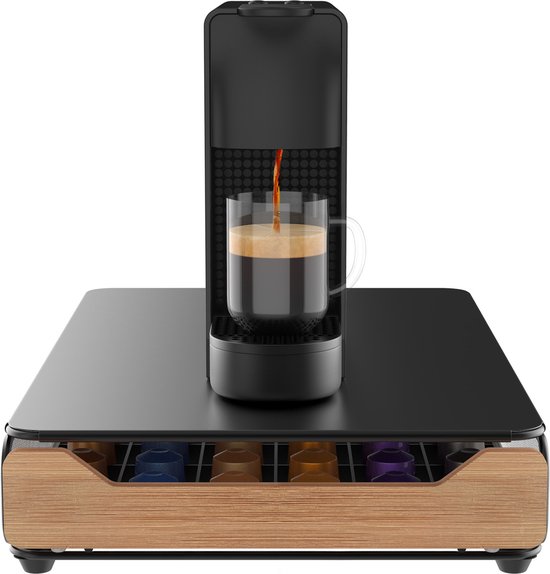 KitchenLove Capsulehouder Nespresso - Cuphouder - Met Lade - Voor Koffiecups - 60 Cups - Zwart Met Bamboe Hout