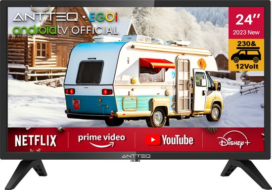 Antteq AG24N1C - Android Smart TV - 24 inch - met 12V (volt) autoadapter - Google Assistant - Chromecast - HDMI - USB - WiFi - Bluetooth - Dolby Audio - triple tuner (DVB-C/DVB-T2 / DVB-S2) - Android TV 11