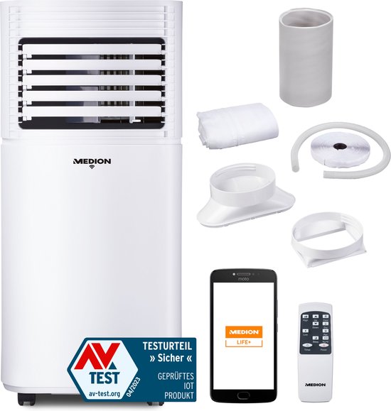 Medion Mobiele airconditioner Life P701 (MD 37672) - Koelen - ontvochtigen en ventileren - Koelvermogen 7.000 BTU - Koelmiddel R290 - max. 25m² - App en spraakbesturing - Incl. raamkit