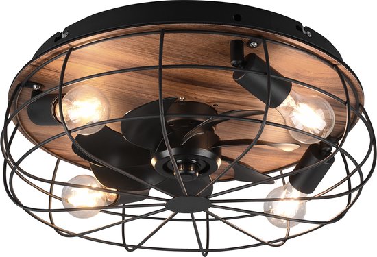 LED Plafondlamp met Ventilator - Plafondventilator - Trion Turbind - E27 Fitting - Afstandsbediening - Rond - Mat Zwart/Bruin - Aluminium