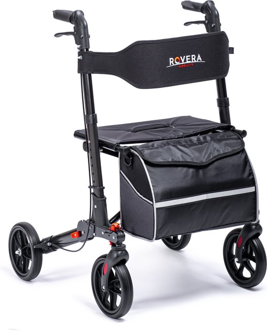 Rovera Mobility® Dubbel Opvouwbare Rollator - Lichtgewicht - Binnen en Buiten - Incl. Luxe, Stijlvolle Rollatortas - Brede Gewatteerde Rugsteun en Zitting - Chique Antraciet